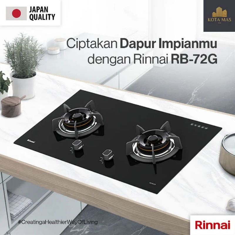 Kompor Tanam Rinnai RB72G RB 72G Tempered Glass Brass Burner Gas Gas Stove 2 Tungku Kaca Kuningan