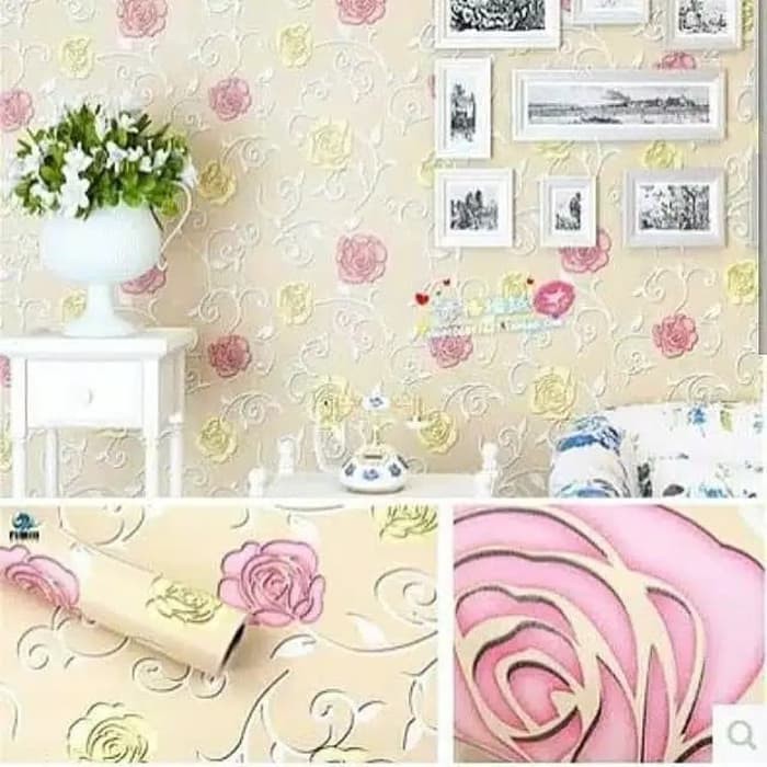 Wallpaper stiker dinding kamar termurah kream bunga mawar pink kuning