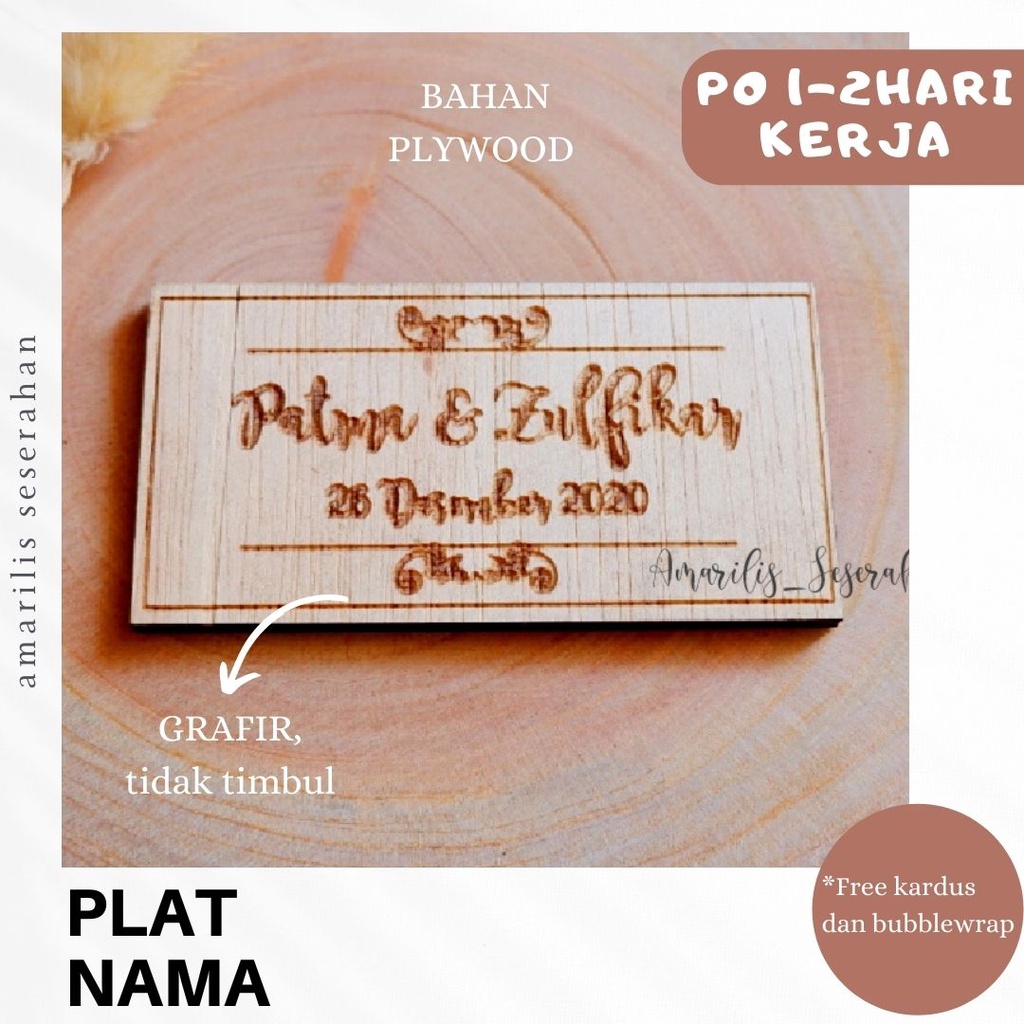 2. Plat Nama Bahan Plywood untuk Mahar/Seserahan Ukir Grafir Lasercut