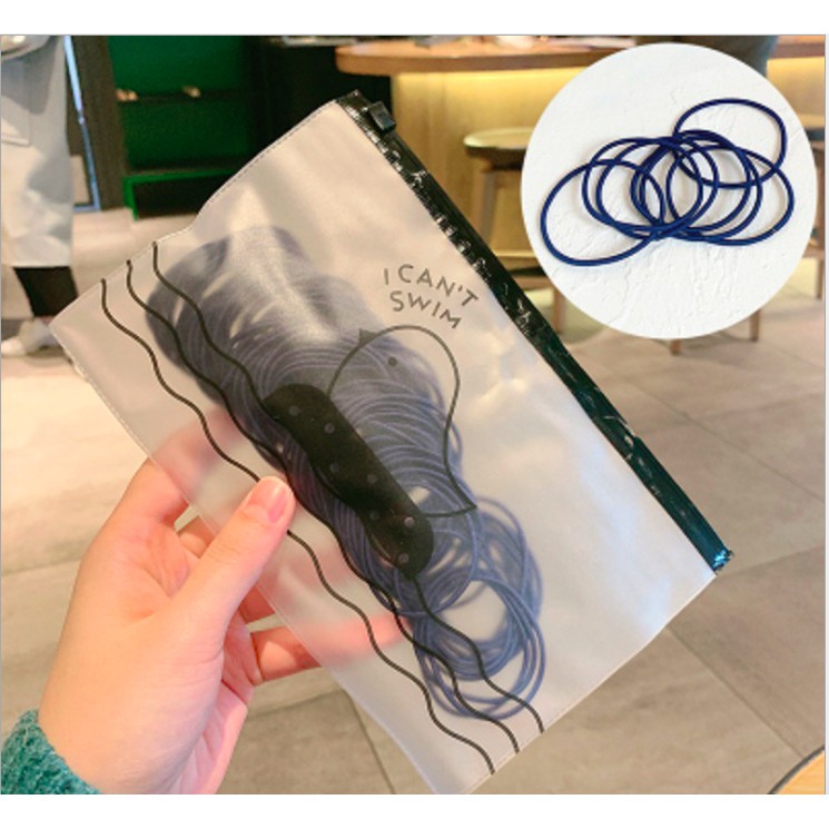 Ikat Rambut Korea I Can Swim isi 100 pcs Warna Warni DAPET POUCH-DARK BLUE