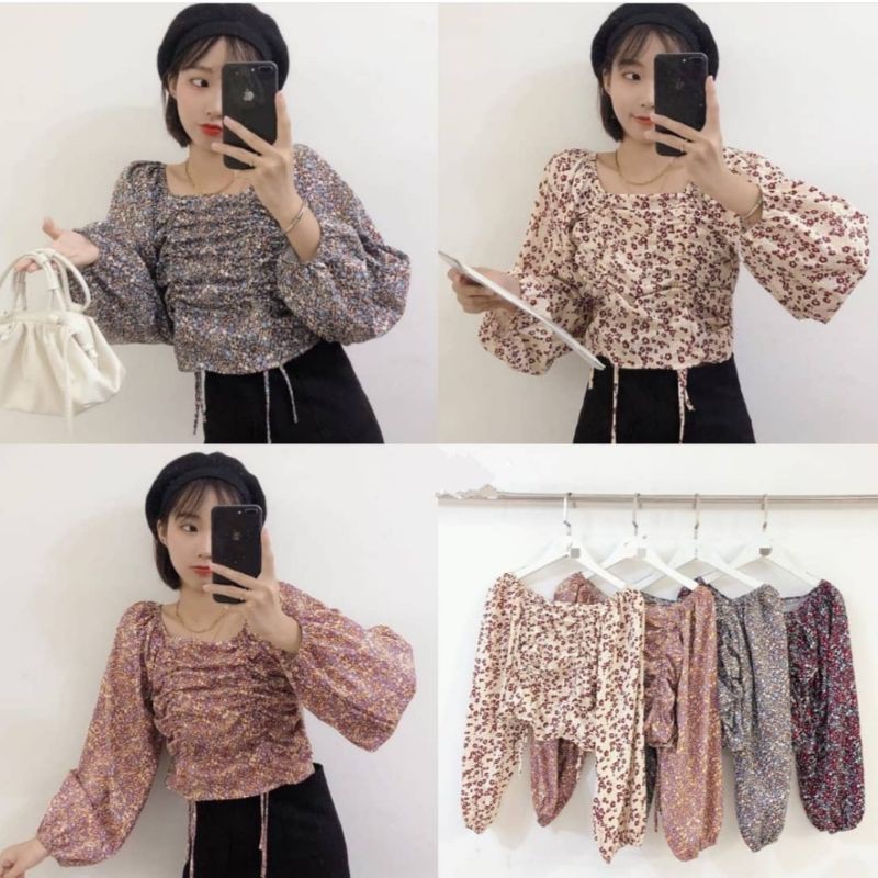 [BISA COD] Puffy Top Serut Korean Style 90s Style Blouse Lengan Panjang Korea Atasan Import