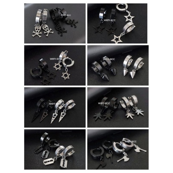 Satu Pasang Anting Tusuk Titanium Fashion Korea Hitam dan Silver Anting Tusuk Import Tren Korea