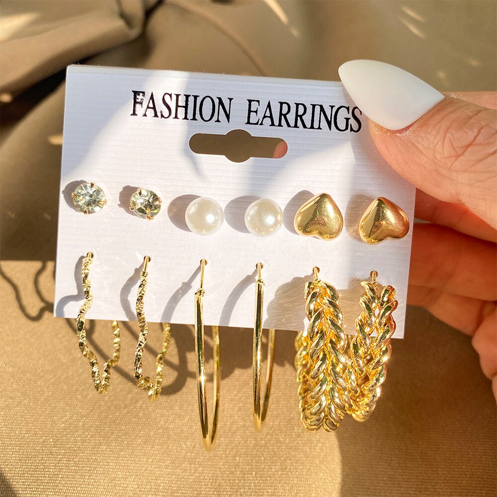 12pcs / Set Anting Hoop Geometris Warna Emas Aksen Mutiara Gaya Vintage Punk Untuk Wanita