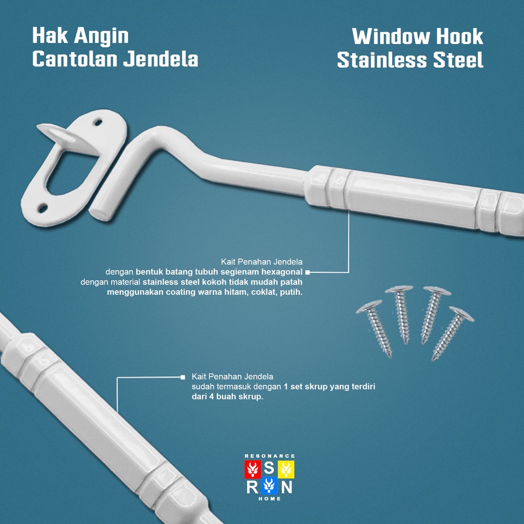 Hak Angin Segi Coating Putih / Cantolan Penahan Jendela 8 Inch / 20cm Window Hook Resonance Home