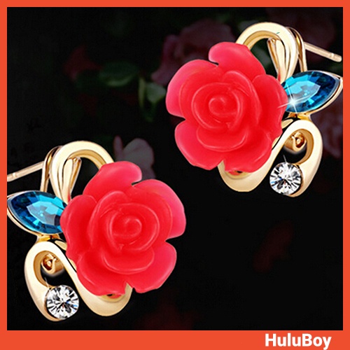 Anting Stud Desain Bunga Mawar Bahan Resin Aksen Berlian Imitasi Untuk Wanita