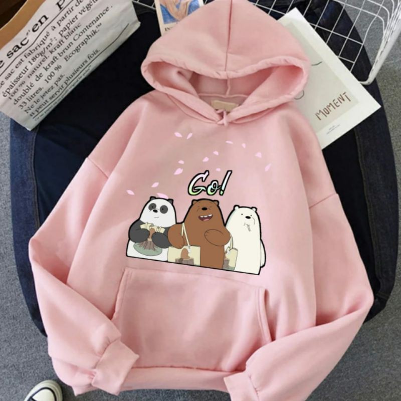 Hoodie Wanita Gambar Bears Oversize Korean Style Sweater Murah Tebal Xxl Kekinian Lilac Panda Boba