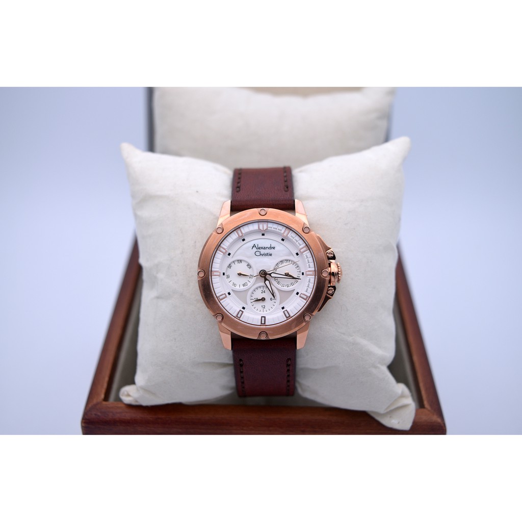 Alexandre Christie AC 6416 Rose Gold White Leather Brown for Ladies Original