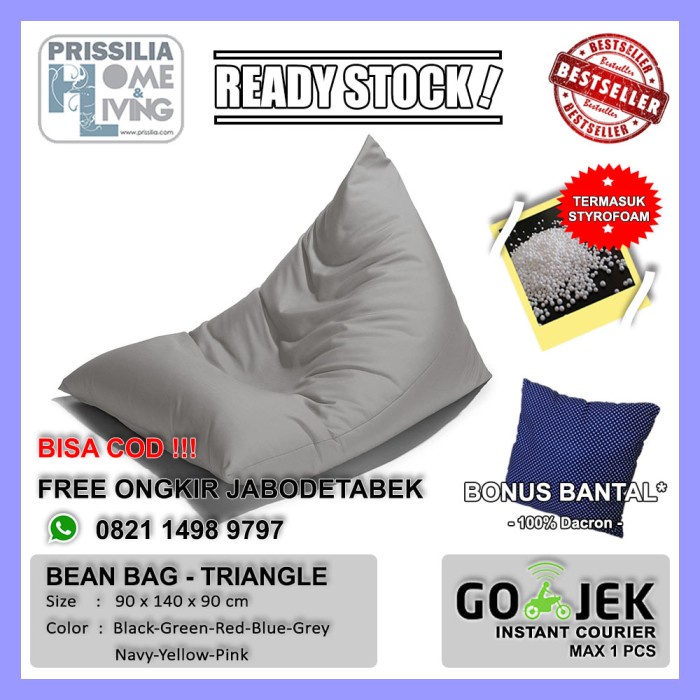 Sofa-Bantal- Termurah Bean Bag Triangle Grey + Isi Styrofoam + Free Bantal -Bantal-Sofa.