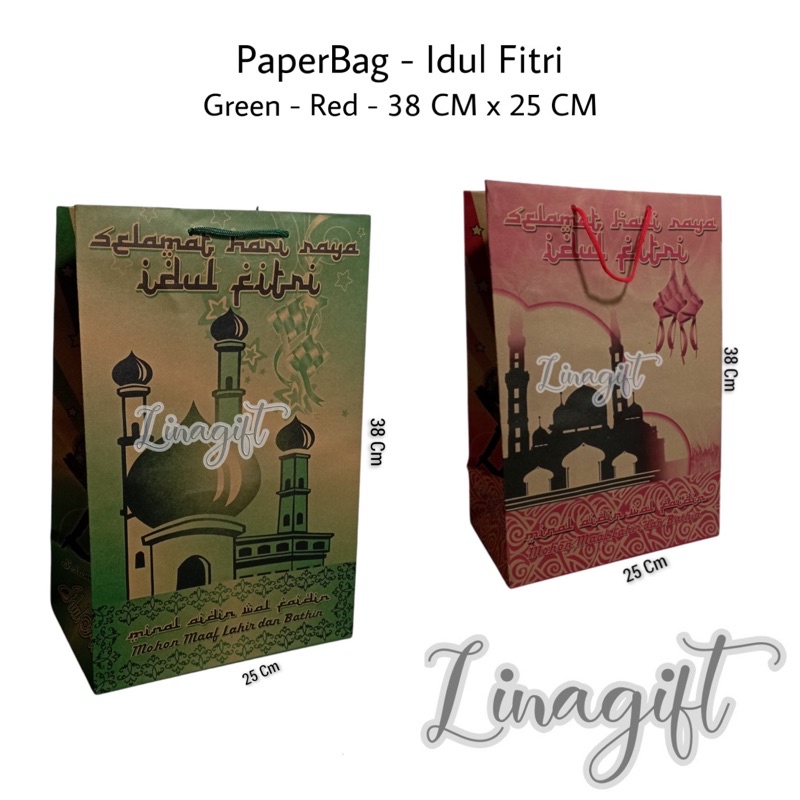 PAPERBAG LEBARAN - IDUL FITRI SHOPPING BAG / TAS KERTAS JINJING EKONOMIS GREEN RED ORANGE / HIJAU MERAH OREN EID MUBARAK HAPPY IDUL ADHA
