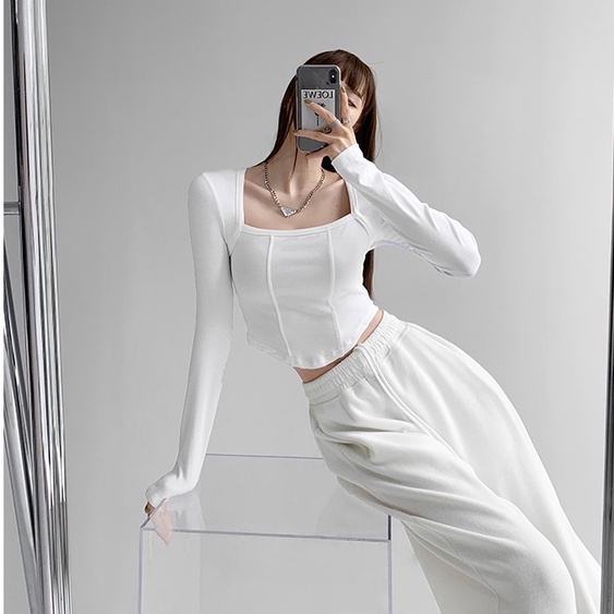 【MISSHONEY】Square Neck Long Sleeve Crop Top 7307 (S/M/L/XL)
