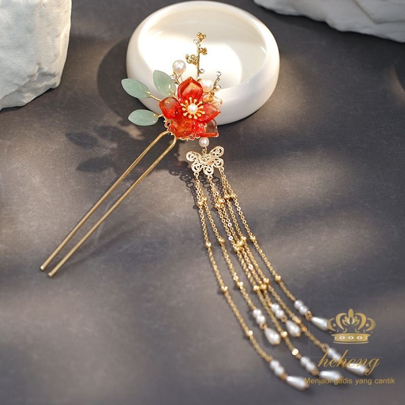 Chinese hairpin red flower with tassel