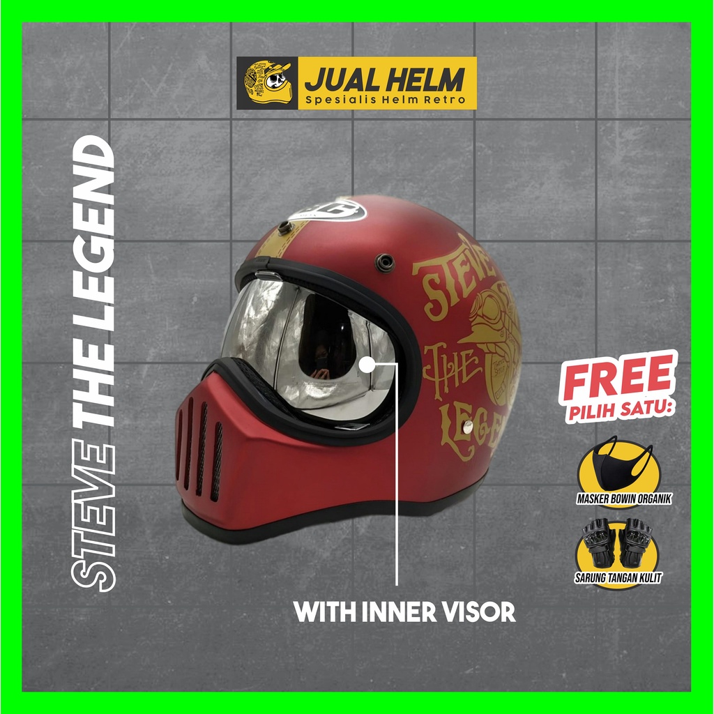 Helm Cakil HBC Steve Maroon + Inner Visor ( Fullface / Retro / Klasik / Vespa )