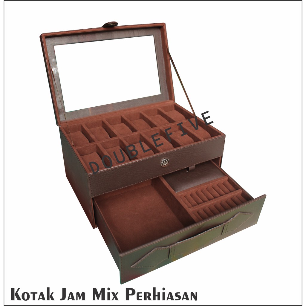 PROMO - Kotak Tempat Jam Tangan Isi 12 Mix Laci Perhiasan / Watch Box Organizer Full Collor