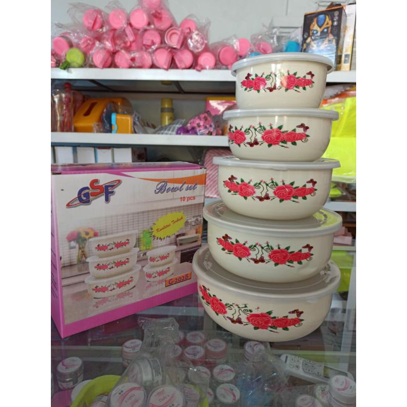 Mixing Bowl Enamel Set / Rantang Susun 5 Motif Bunga