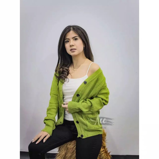 MERISSA Gardigan Cardigan Rajut Tebal Wanita Panjang Jumbo Oversize - Kardigan Cardingan Korea Polos-Avocado