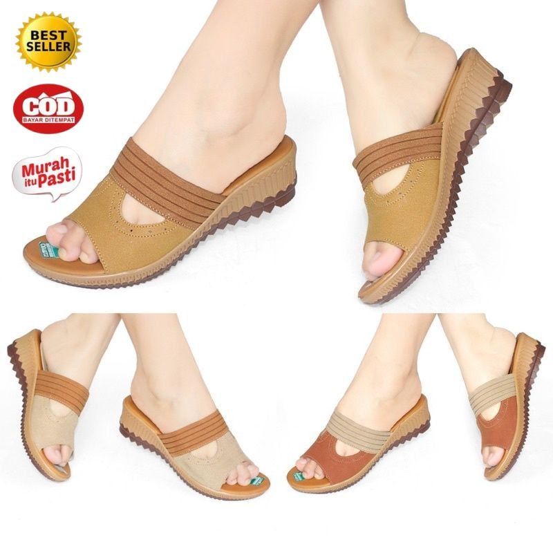 Sandal Sendal Wedges Wanita Casual Selop / Slop Hak Tinggi Ibu Kondangan Kulit Sintetis Murah Terbaru 2023 CG04