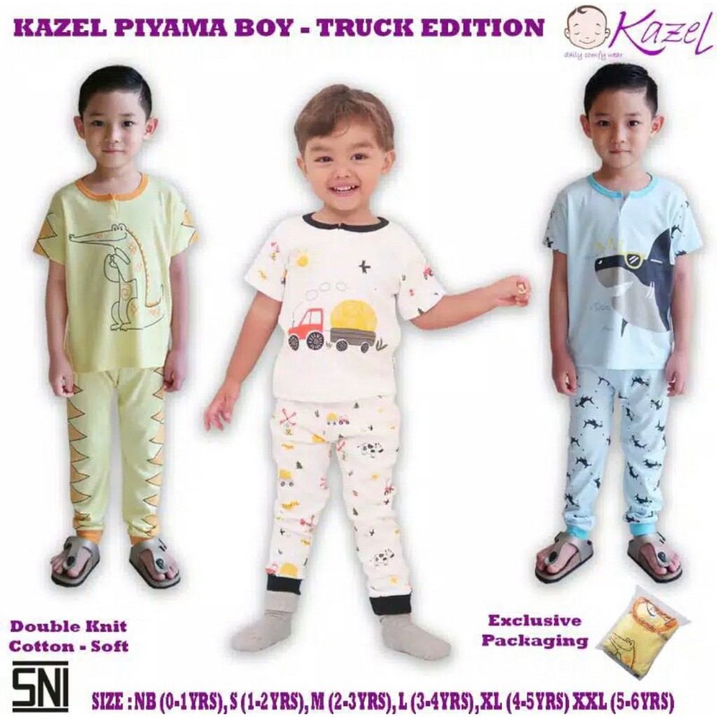 Kazel Piyama Boy Truck edition 3pcs Setelan Baju Pendek Celana Panjang Anak Laki Laki