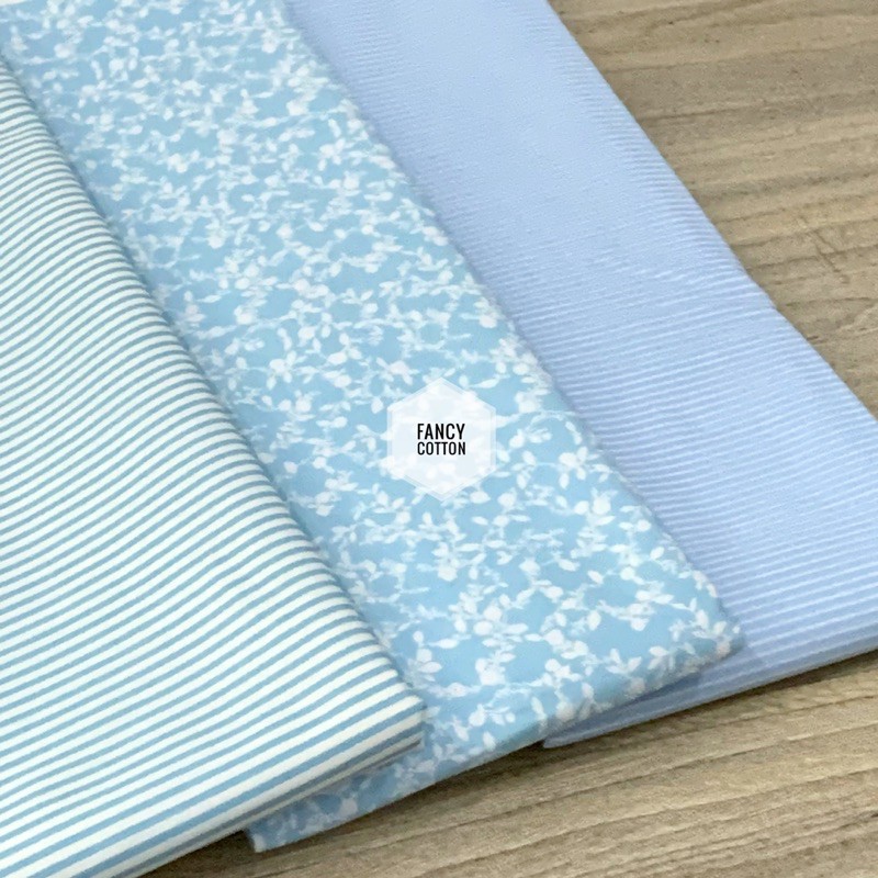 Kain Katun Jepang Motif Fancy Matching Bunga Putih Biru Muda