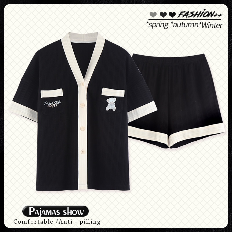#Sisjuly# Wanita Piyama Musim Panas Katun Lengan Pendek Lucu Gadis Musim Panas Tipis Homewear Baru V-Neck Card
