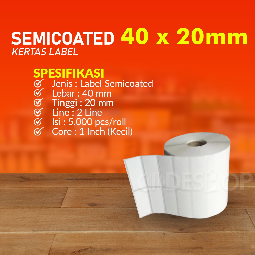 KERTAS STICKER LABEL PRINTER BARCODE 40 X 20 MM - 2 LINE - SEMICOATED