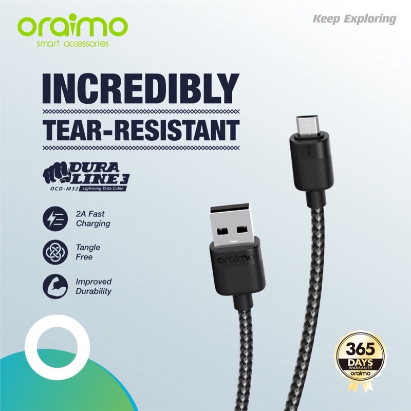 Oraimo OCD-M32 Duraline 3 Kabel Data Micro USB Android Cable 2A Fast &amp; Durable - Garansi 1 Tahun