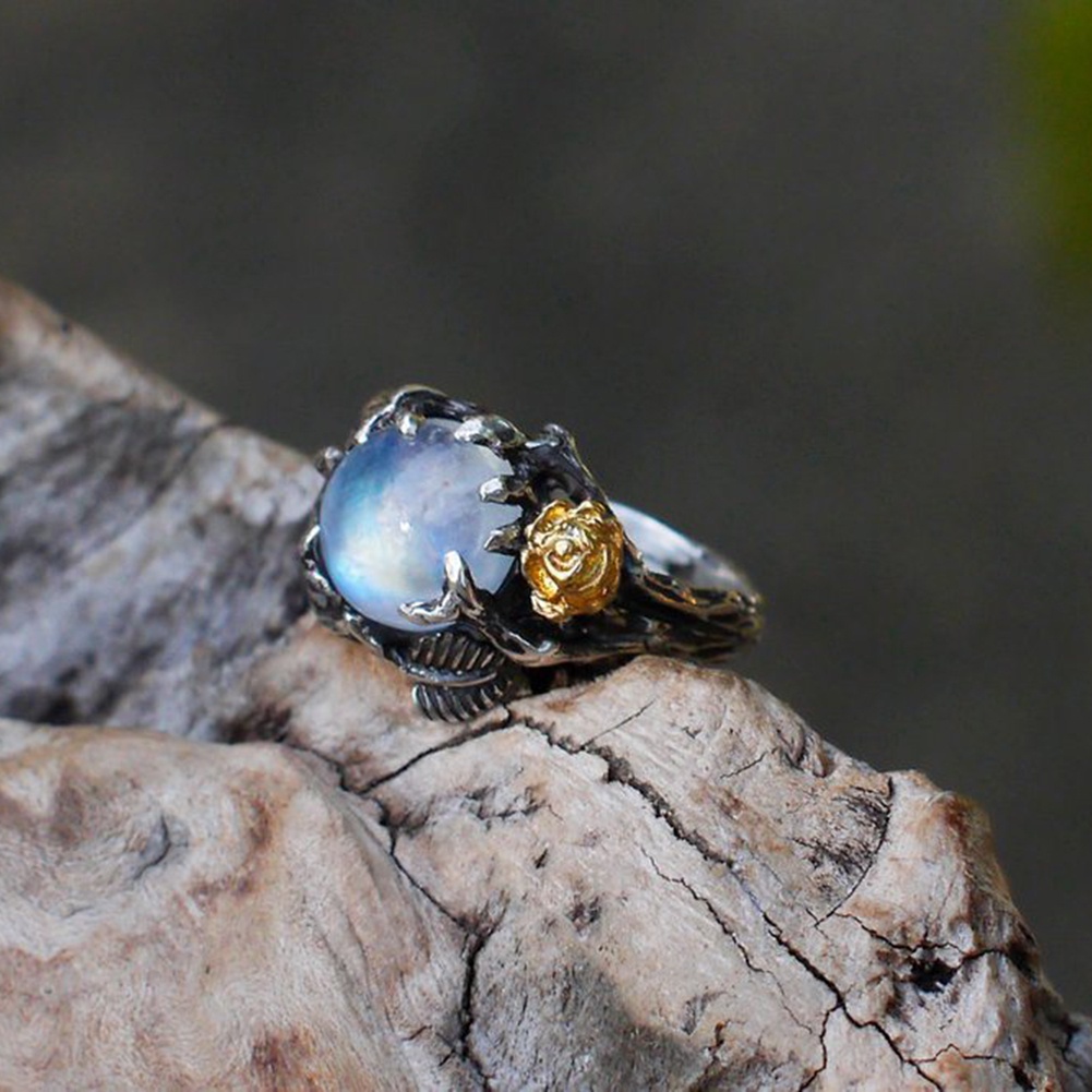 Hu Hu Hu Hu Hu Alat Bantu Pasang Kacamata♡ Cincin Wanita Desain Bunga Mawardaun Hias Moonstone Imitasi Bentuk Bulat Gaya Vintage Untuk Pesta