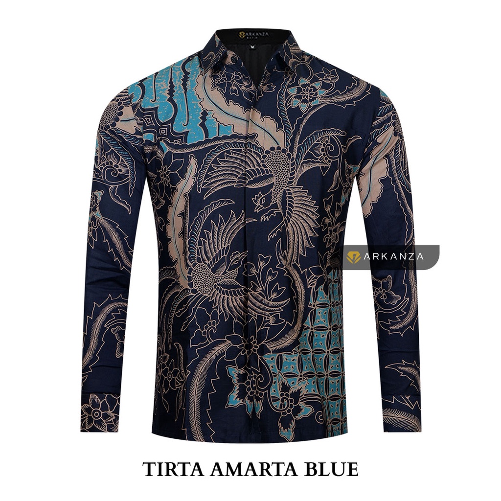 BATIK ARKANZA Motif TIRTA AMARTA BLUE Hem Atasan Kemeja Baju Batik Pria Cowok Laki Laki Slimfit Full Lapis Furing Lengan Panjang Lengan Pendek Original Asli