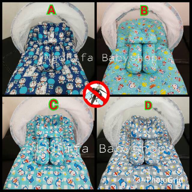 Set Kasur Bayi, Kelambu Lipat, Bantal Peang, Guling Bayi, Kasur Bess Doraemon