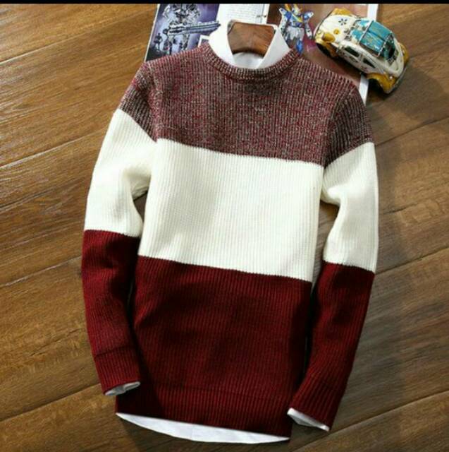 Sweater rajut katun round slim strip premium