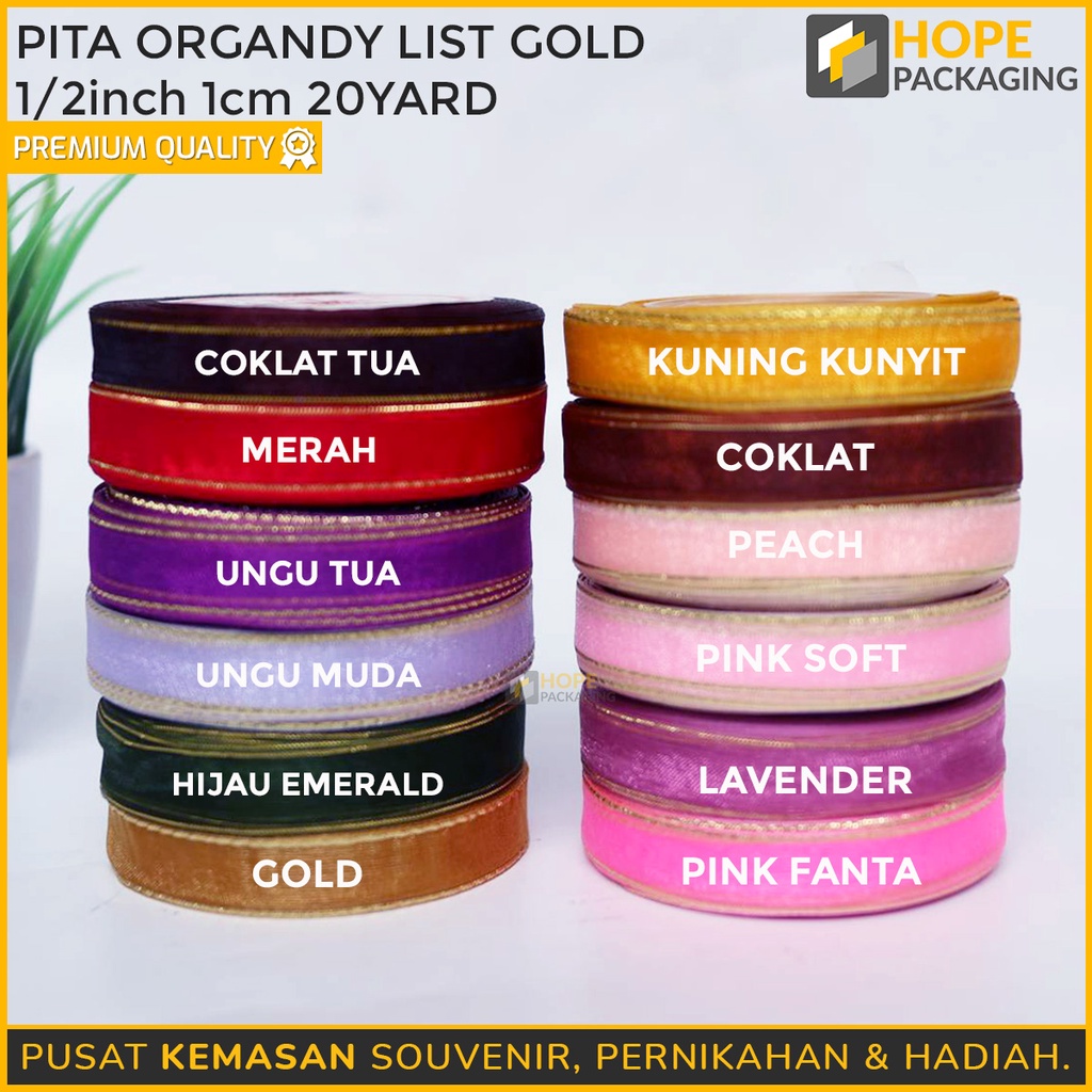 Pita Organdi List Gold 1/2inch 1 cm 20 yard / pita ulang tahun / pita souvenir hadiah lebaran