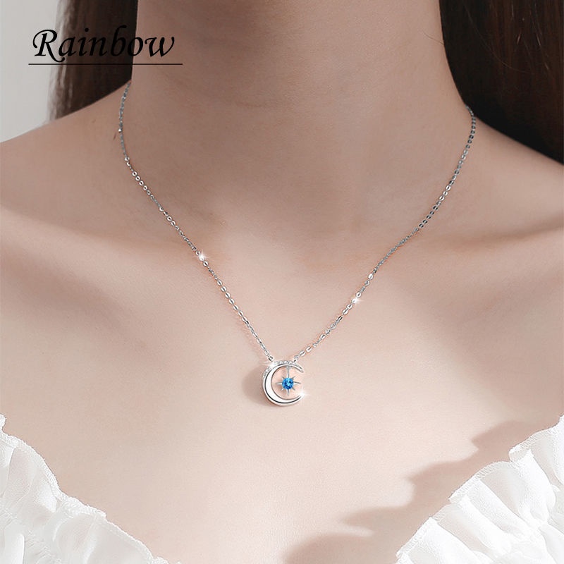 Kalung Rantai Klavikula Hias Liontin Bulan Bintang Model Hollow Bahan Zirkon Untuk Wanita