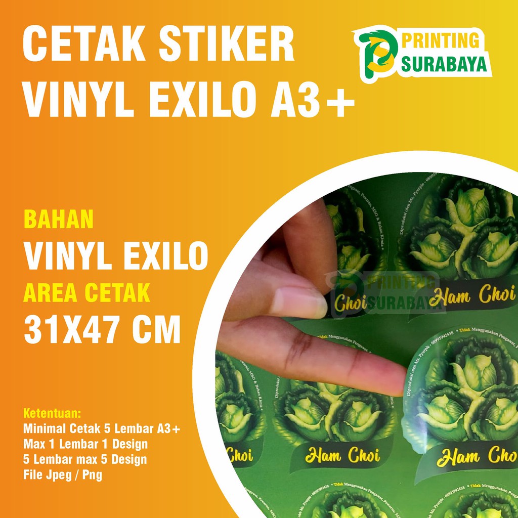 

CETAK STIKER VINYL EXILO A3+ MURAH STIKER LABEL KEMASAN