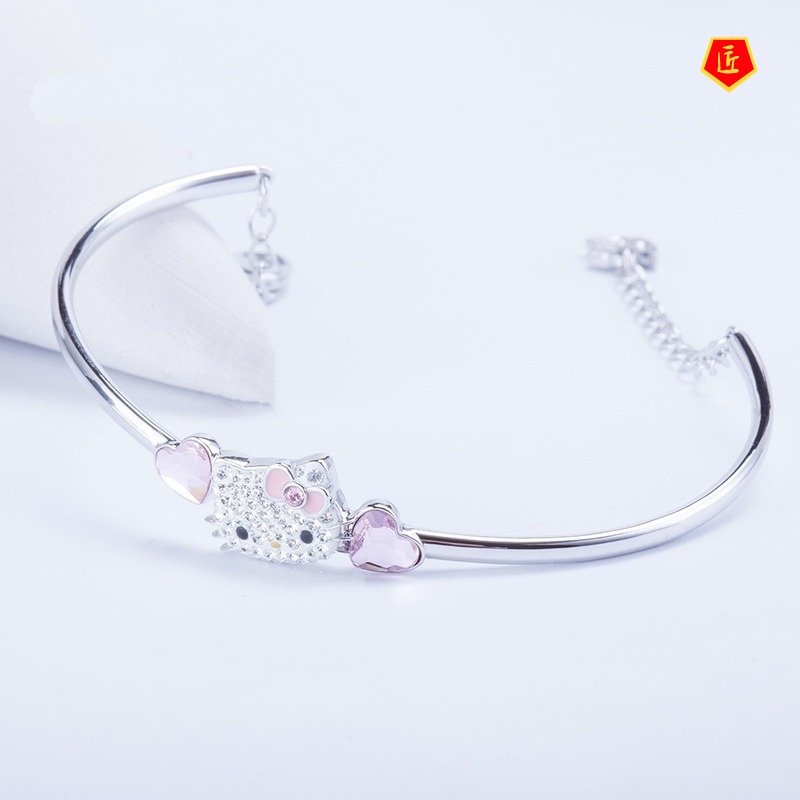 [Ready Stock]Elegant Pink Heart-Shaped Crystal Cartoon Cat Bracelet