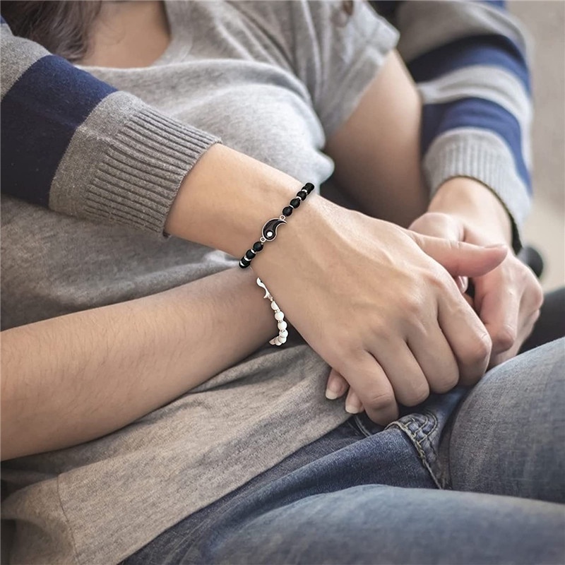 AZ245 [COD✔] 1pcs Hitam Dan Putih Gelang Couple Bracelet Pria / Wanita Desain Manik-Manik Obsidian