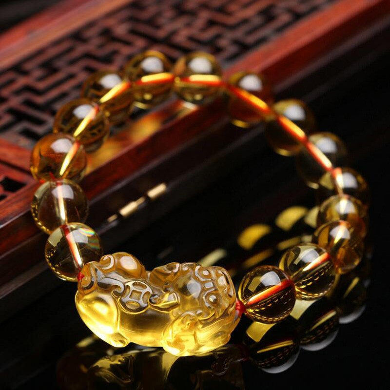 Gelang Manik-Manik Citrine Pixiu Keberuntungan Ukuran 10/12/14Mm Untuk Kado Ulang Tahun