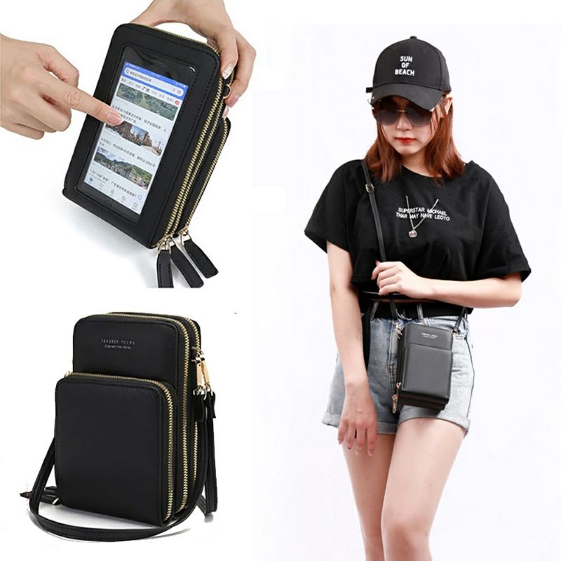 TAS KULIT WANITA TOUCHSCREEN TAS SELEMPANG HANDPHONE LAYAR SENTUH MULTIFUNGSI POUCH HP CEWEKDOMPET H