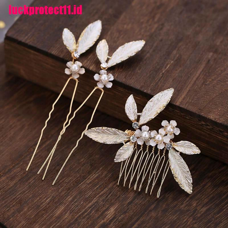 (LUCK) 3pcs / Set Jepit Rambut Model Sisir Aksen Daun + Mutiara Imitasi Untuk Pengantin Wanita