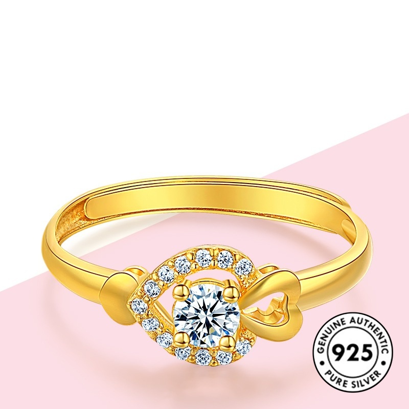 Cincin Bentuk Hati Aksen Berlian Bahan S925 Silver Gold Plated