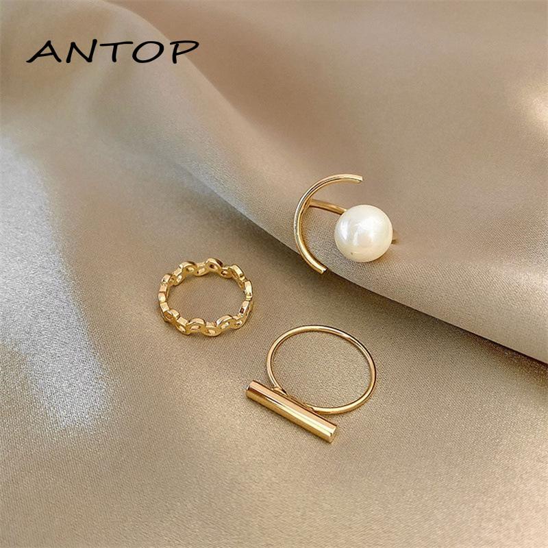 3pcs Cincin Jari Telunjuk Hias Mutiara Gaya Simple Untuk Wanita