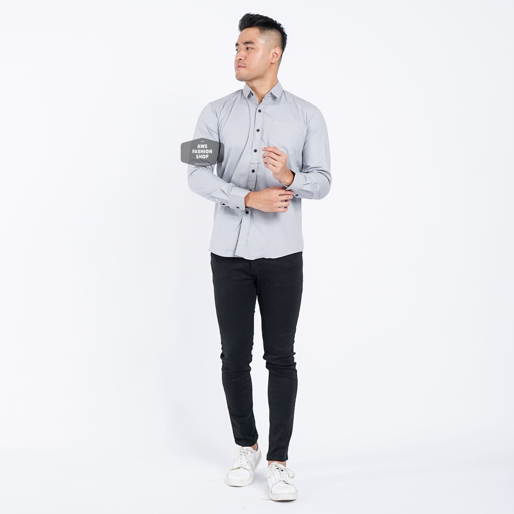 Kemeja Pria Lengan Panjang  Polos Abu - Abu Muda Soft Grey Kemeja Casual Slimfit 3346