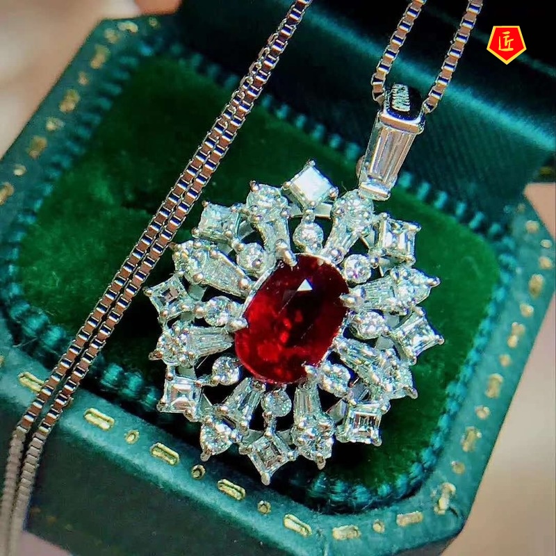 [Ready Stock]T Square Full Diamond Pendant Ruby Necklace for Women