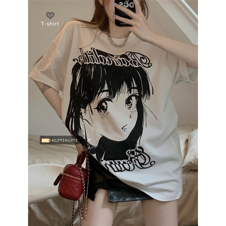 Jepang komik cetak lengan pendek bottoming kemeja wanita musim panas longgar kasual putih T-shirt to