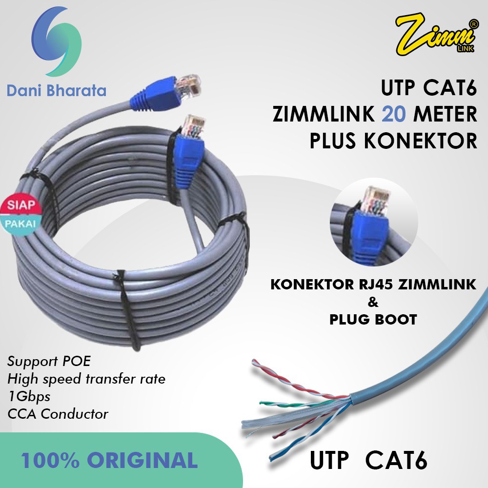 Kabel LAN UTP CAT 6 20m CCA Conductor Kabel UTP CAT6 20 Meter Siap Pakai