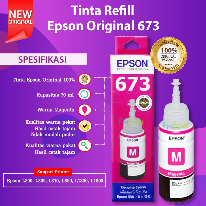 Tinta Epson 673 C13T673 T673 Reefill Original L800 L805 L810 L850 L1800 Black Cyan Magenta Yellow