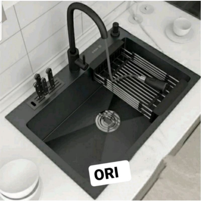 KITCHEN SINK 7545 BLACK LENGKAP KRAN SIKU/ BAK CUCI PIRING 1 LUBANG HITAM MODEL BOLZANO/BAK CUCI PIR