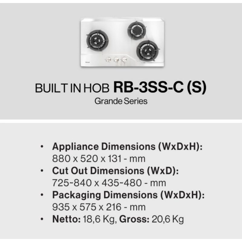 Kompor Gas Tanam 3 Tungku (Full Stainless) Rinnai RB 3 SS C S