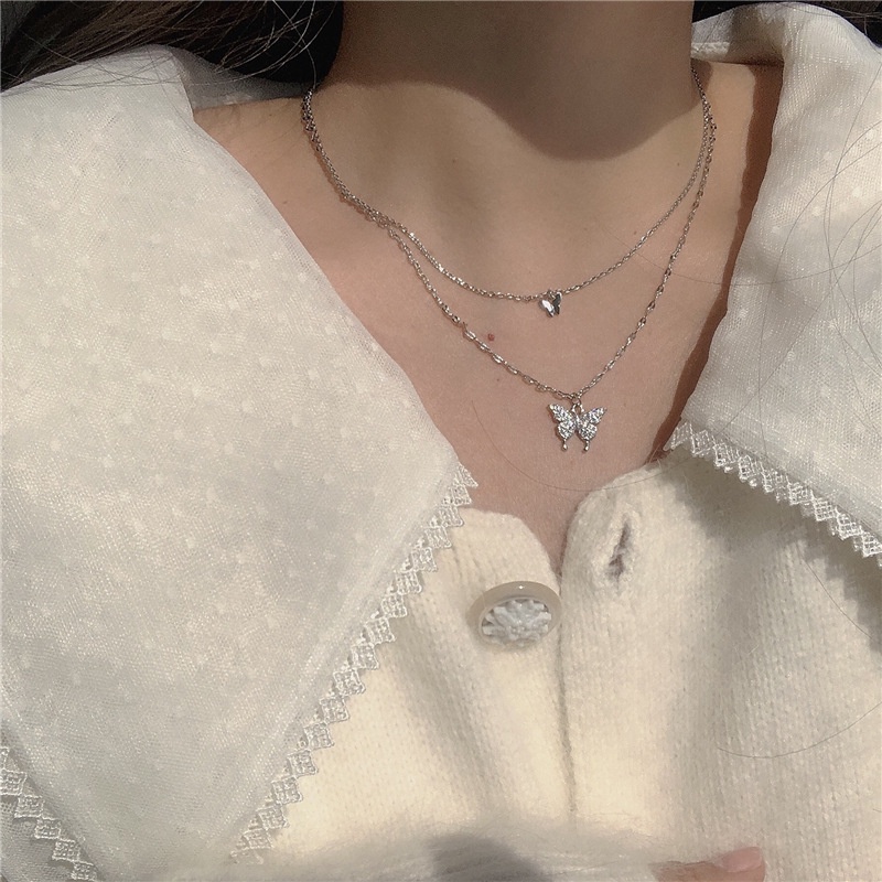 Kalung double Layer Bentuk Kupu-Kupu Aksen zircon Gaya Korea Untuk Wanita