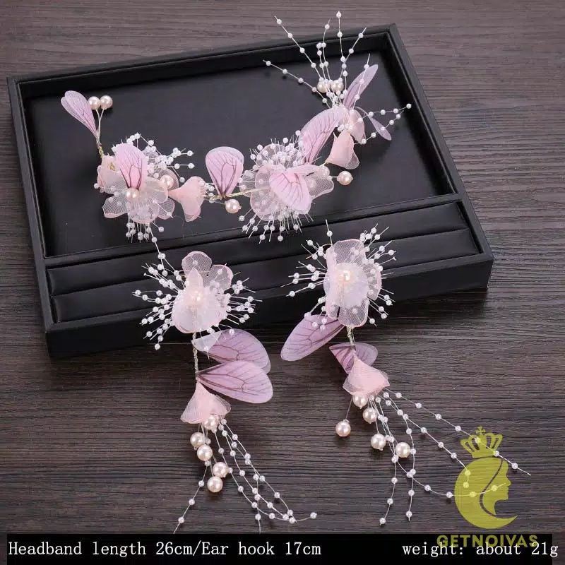 FerenHongXia mahkota + anting&quot; ( 1 set ) sweet flower hair ornaments gold pink