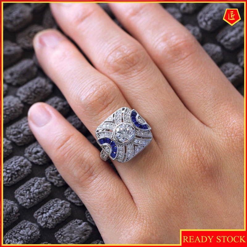 [Ready Stock]Retro Luxury Inlaid Blue Topaz Hollow Ring