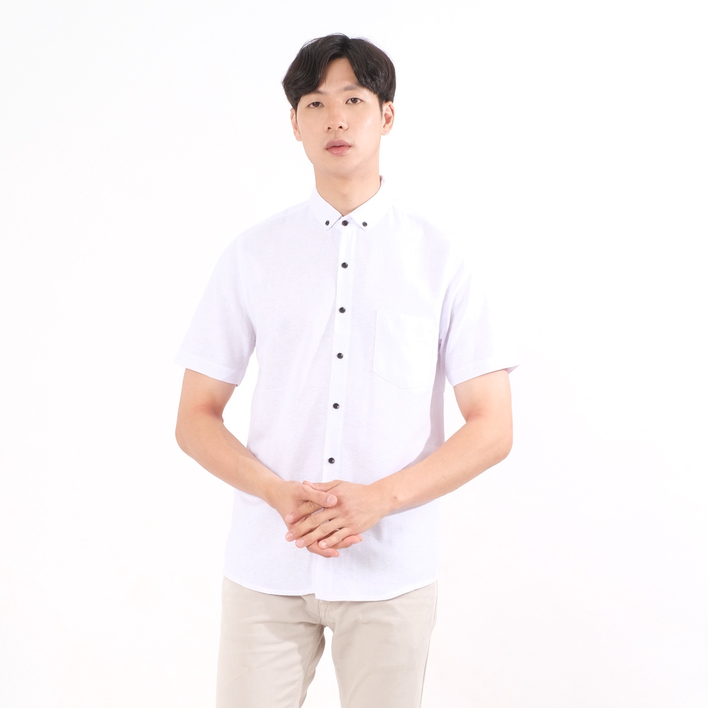 SANVANINA Kemeja Pendek Putih Slim Fit - Basic Rami White E-1507C